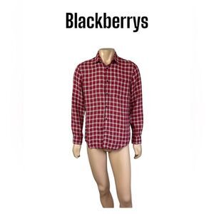 BlackBerrys 100% linen slim red plaid button down casual long sleeves shirt XL